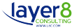The logo for layer 8 consulting is blue and green.