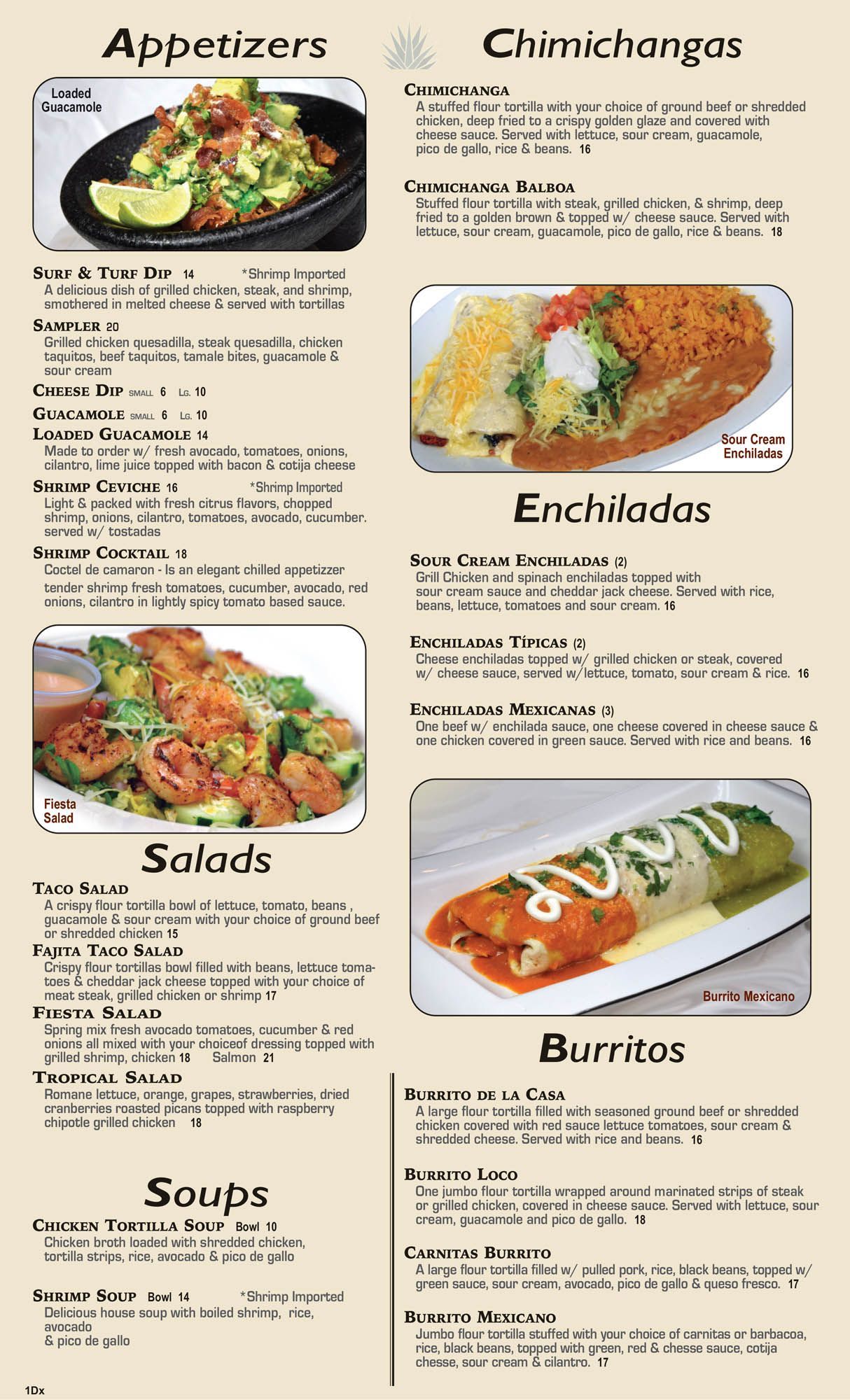 A menu for a mexican restaurant shows appetizers , enchiladas , salads , soups and burritos.