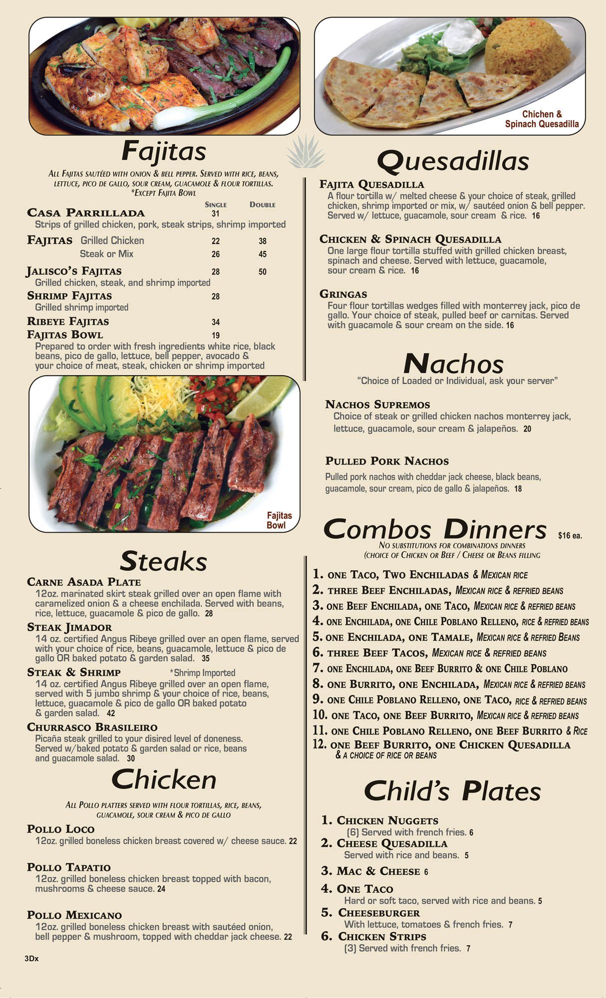 A menu for a mexican restaurant with steaks , fajitas , quesadillas , nachos , and chicken.