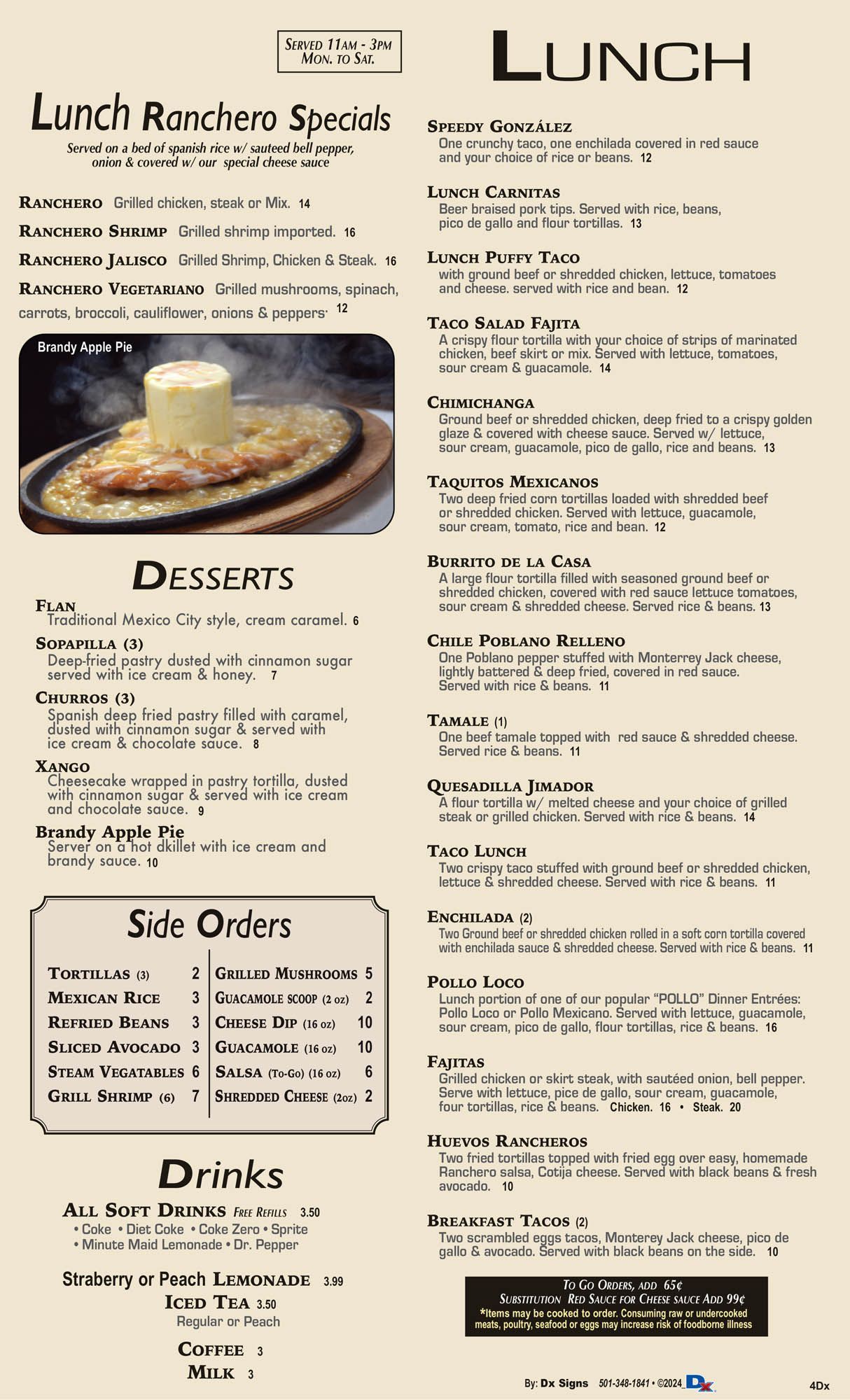 A menu for a restaurant called lunch ranchero steaks