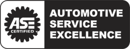 ASE certified automotive service excellence logo. Black gear with ASE letters. White text on black background.