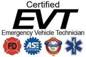 Certified Emergency Vehicle Technician logo with firefighter, ASE, fire chief, and EMS badges.