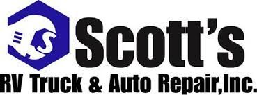 Logo for Scott's RV Truck & Auto Repair, Inc. Features a blue hexagon, hand graphic, and black text.
