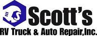 Logo for Scott's RV Truck & Auto Repair, Inc. Features blue hexagon with vehicle/wrench graphic, black text.