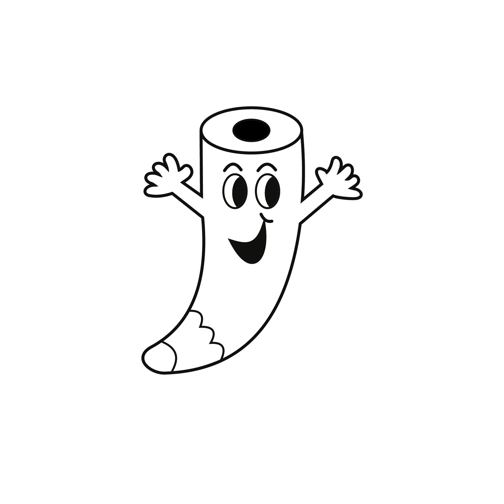 Um desenho animado de um rolo de papel higiênico com um rosto e mãos.