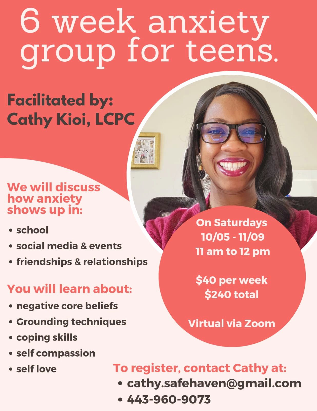 6 week anxiety group for teens flyer