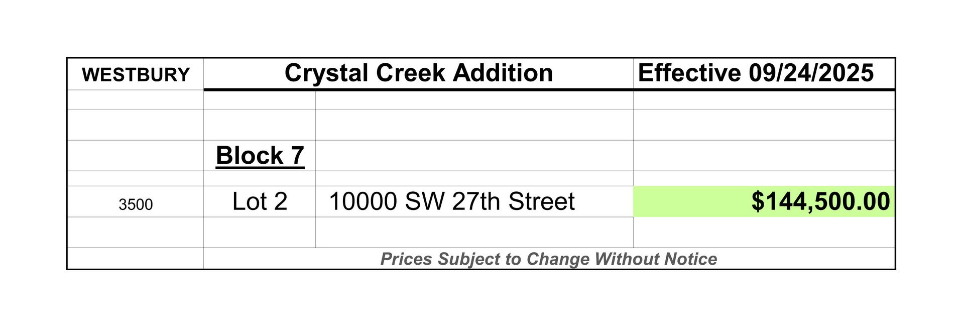 Lot pricing
