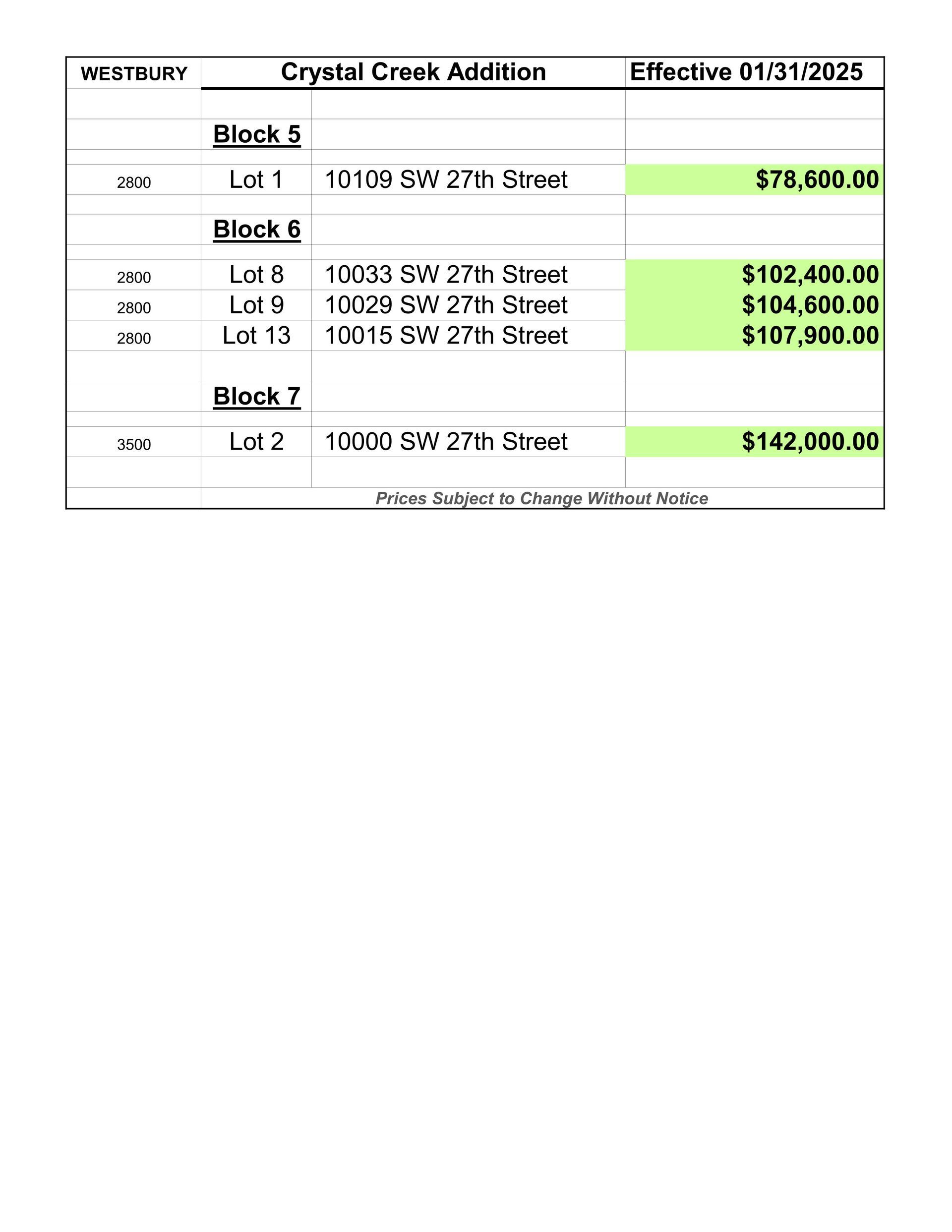Price Update