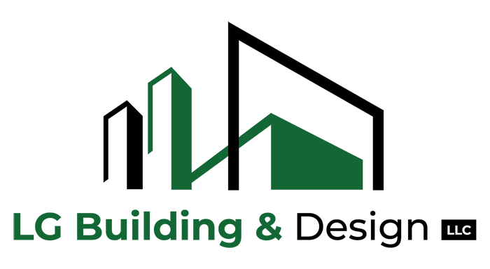 Logo for LG Building & Design, featuring green and black stylized buildings on a white background.