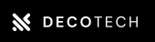Logo for DecoTech: White text and symbol on a black background.