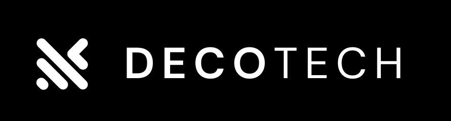 Logo for DecoTech: White text and symbol on a black background.