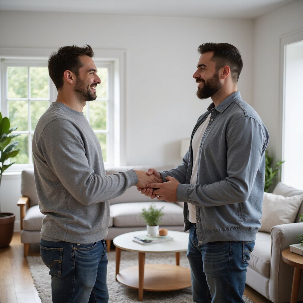 Two men shaking hands, smiling, in a living room.