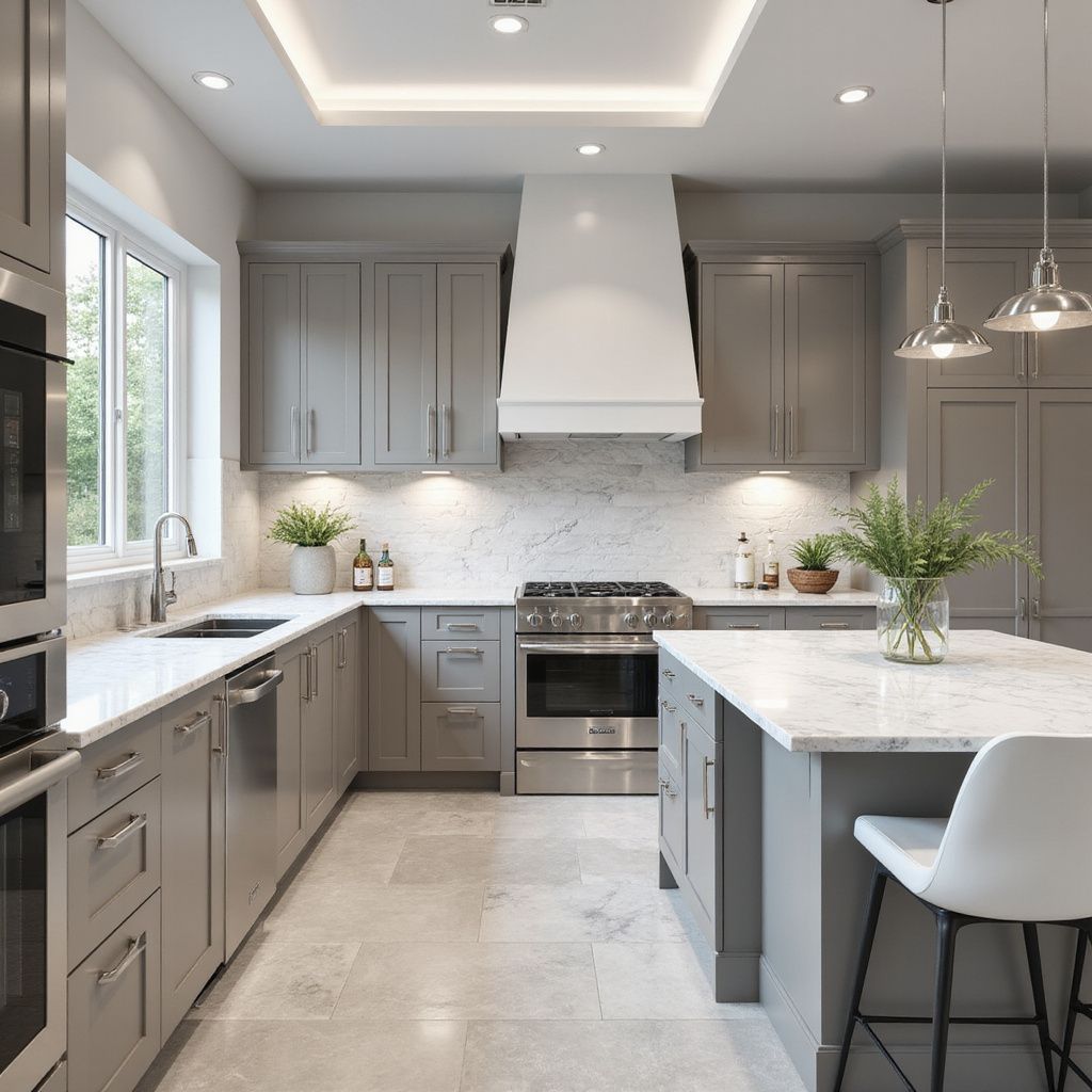 Gray kitchen with island, stainless steel appliances, and overhead lighting.