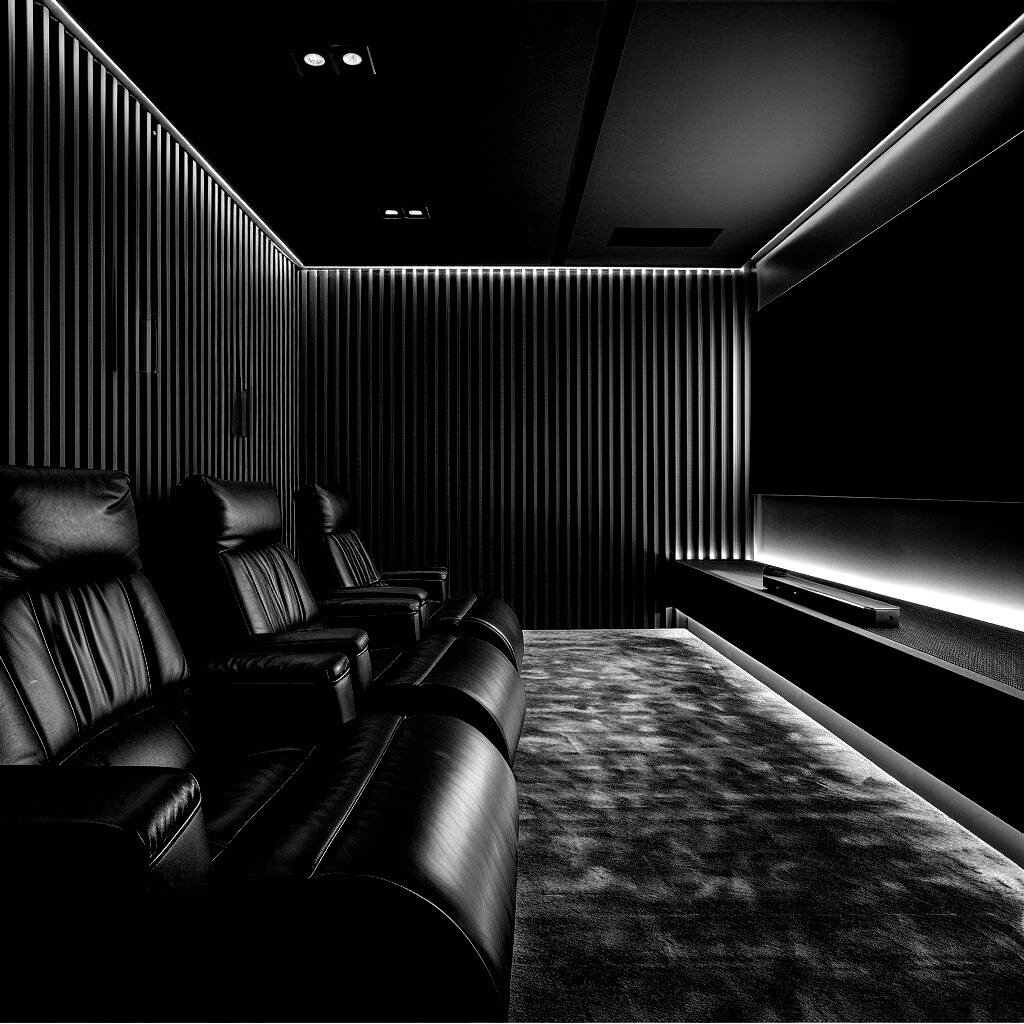 Black and white home theater with leather reclining seats, panelled walls, and large screen.