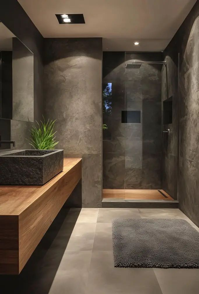 Modern gray bathroom with wooden vanity, stone sink, and walk-in shower.