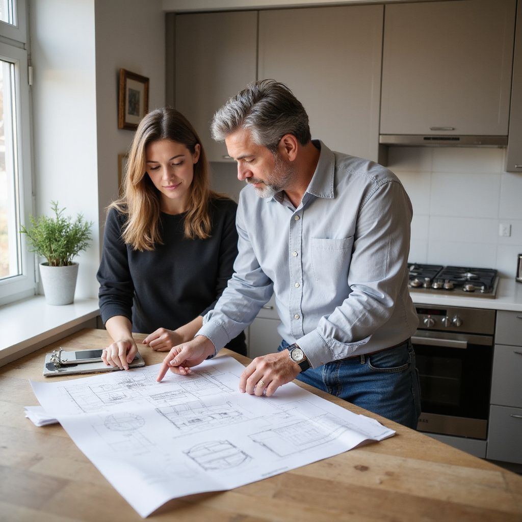 Woman and man reviewing blueprints on a kitchen counter; the man points to a specific detail.