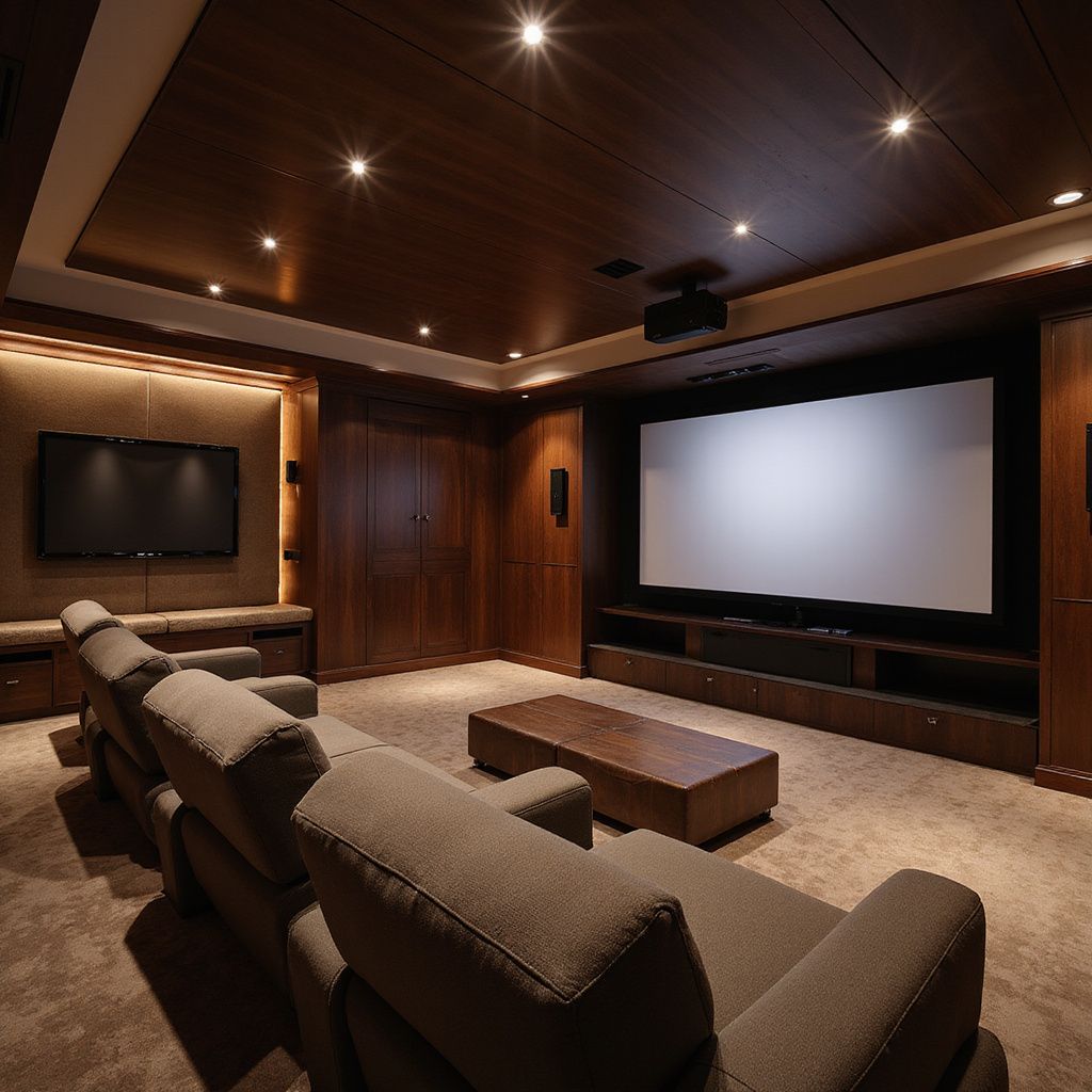 Home theater with rows of gray seats, large screen, dark wood paneling, and recessed lighting.