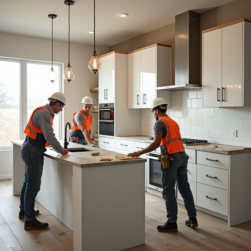 Construction workers in a modern kitchen installing cabinets and island.