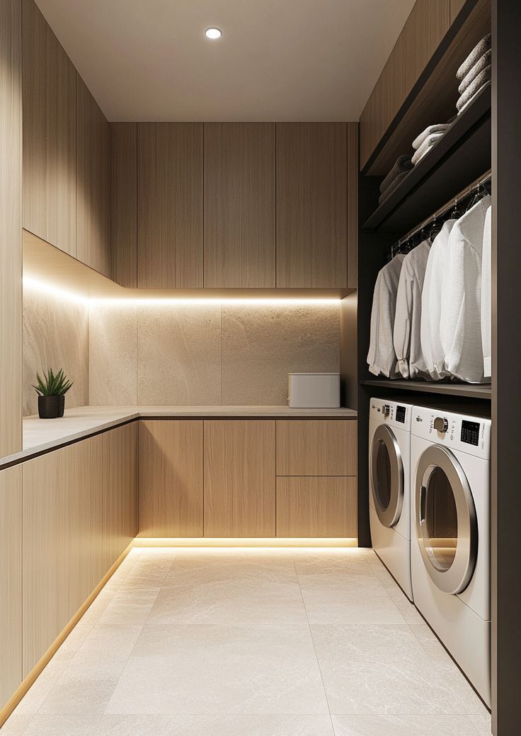 Modern laundry room with light wood cabinets, white appliances, and hanging clothes.