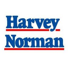 Harvey Norman logo in blue and red. The name is written in blue text above and below a red bar.