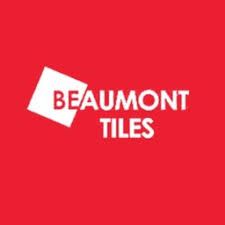 Beaumont Tiles logo: white text and a tilted white square on a red background.