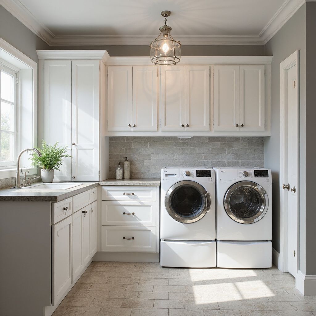 A bright, white laundry room with a washer, dryer, cabinets, and a sink.