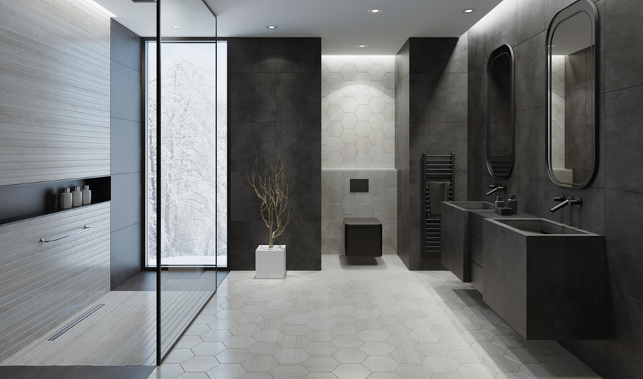 Modern bathroom with gray and black tile, walk-in shower, minimalist sink, and a decorative plant.