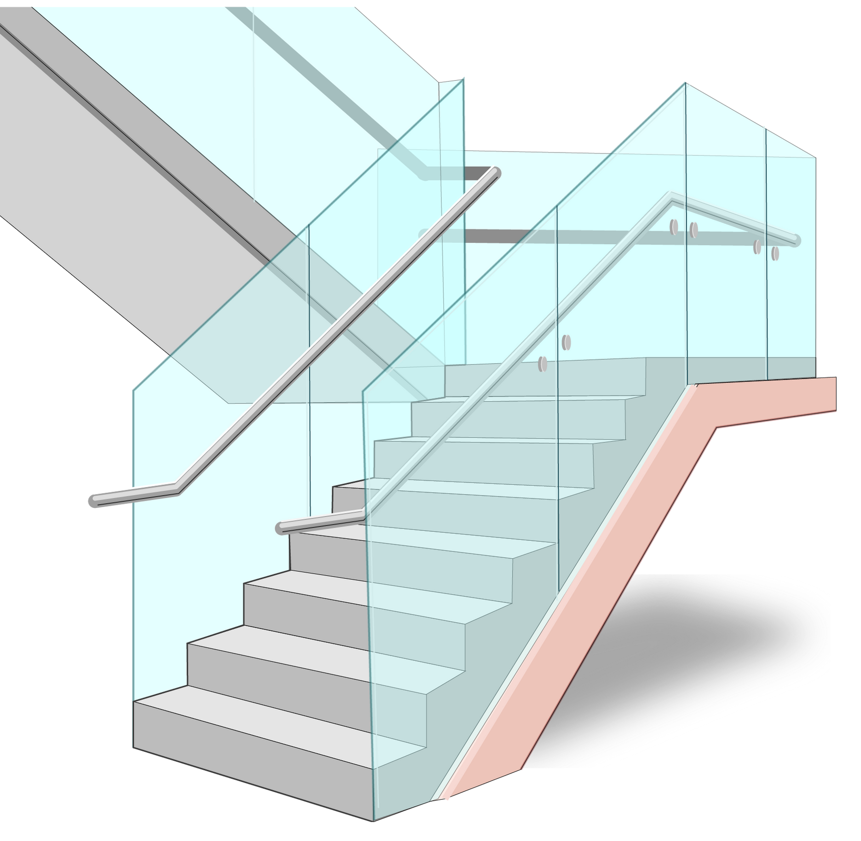 Staircase with glass panels and handrails, light blue tint.