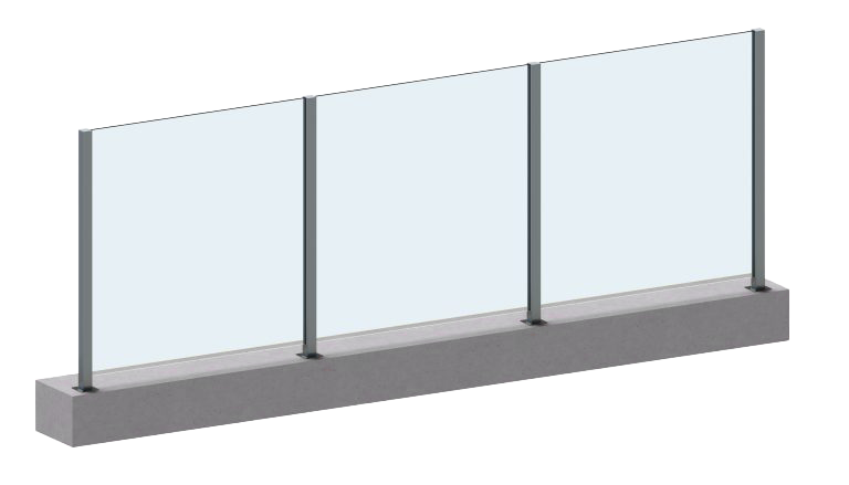 Glass railing with metal posts on a concrete base.