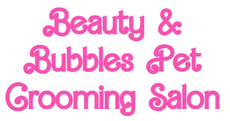 A pink logo for a beauty and bubbles pet grooming salon.