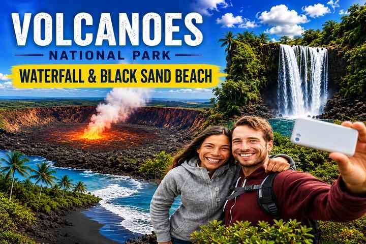 Kilauea Volcanoes National Park and waterfall tour from Hilo, Hawaii. See lava beach in Hawaii 