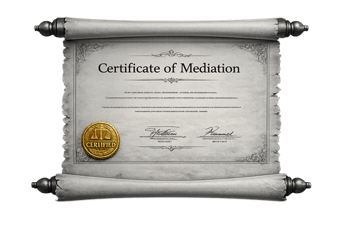 Framed certificate of mediation on a parchment scroll with a gold seal