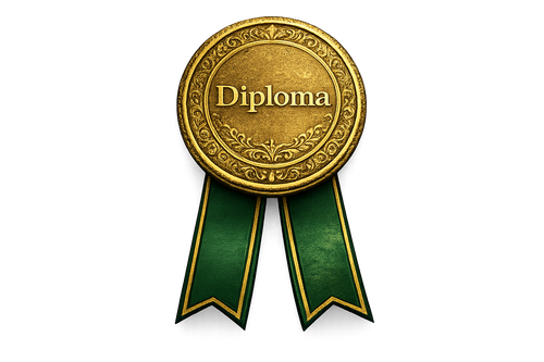 Gold diploma award medallion with green ribbon tails on a white background