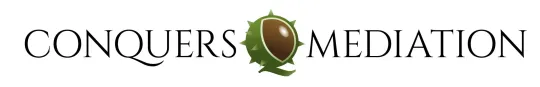 A logo for conquers meditation with a heart in the middle
