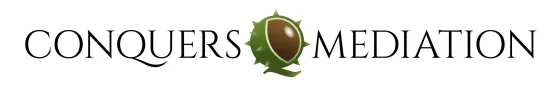 A logo for conquers meditation with a heart in the middle