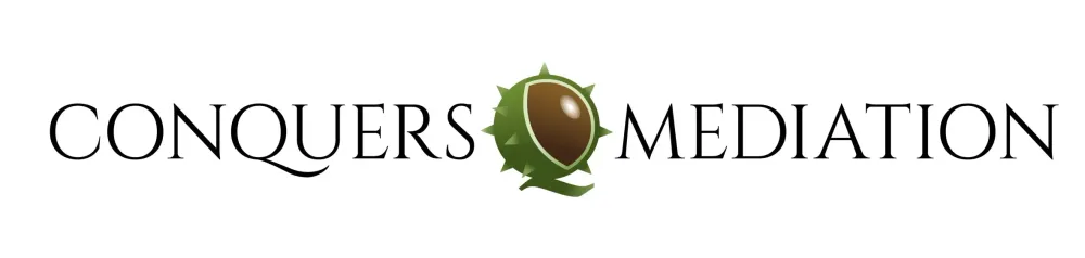 A logo for conquers meditation with a heart in the middle