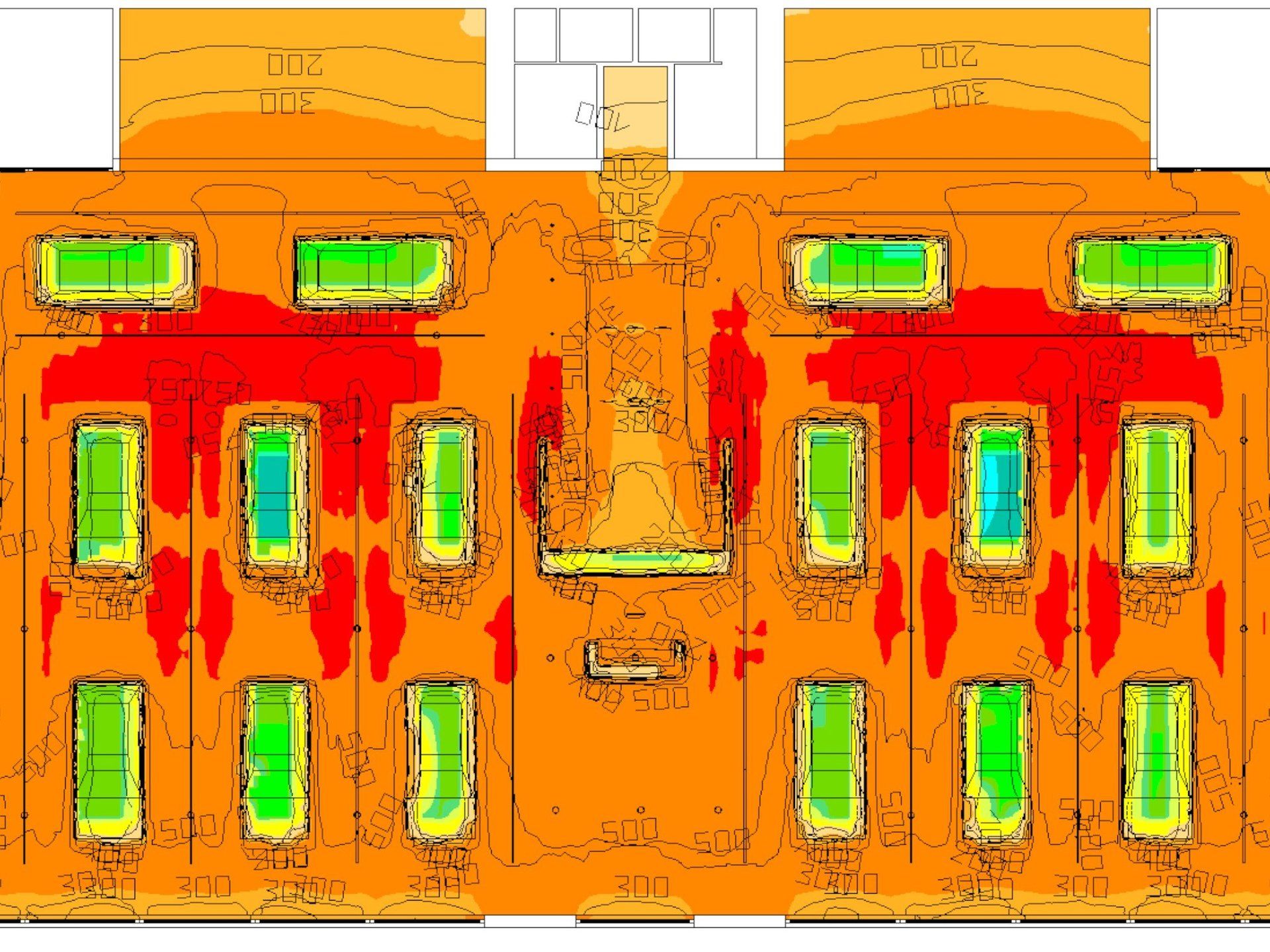 Eine Zeichnung eines Gebäudes mit vielen Fenstern