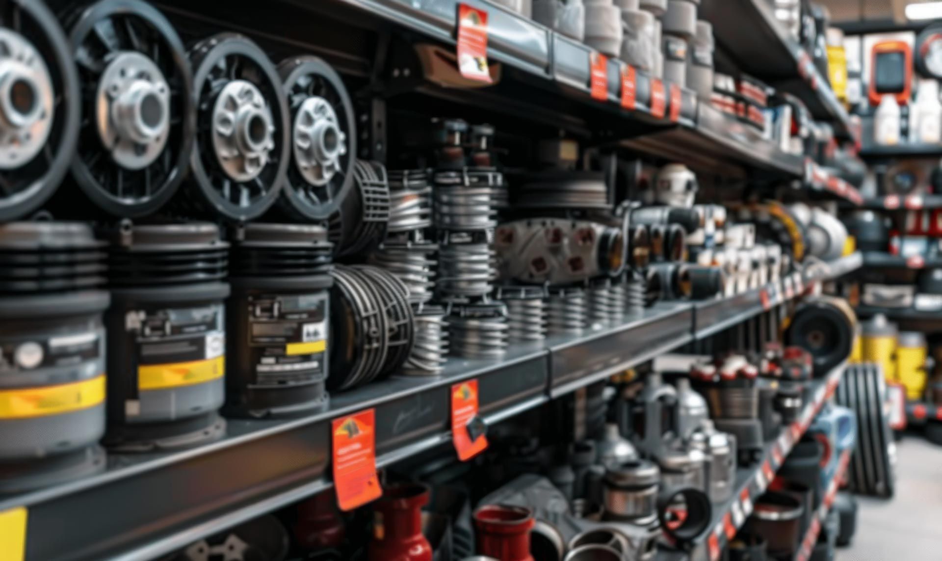 Auto parts and components displayed on shelves in a repair shop.