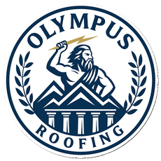 Circular logo for Olympus Roofing featuring Zeus holding a lightning bolt above a mountain temple, in navy and cream.