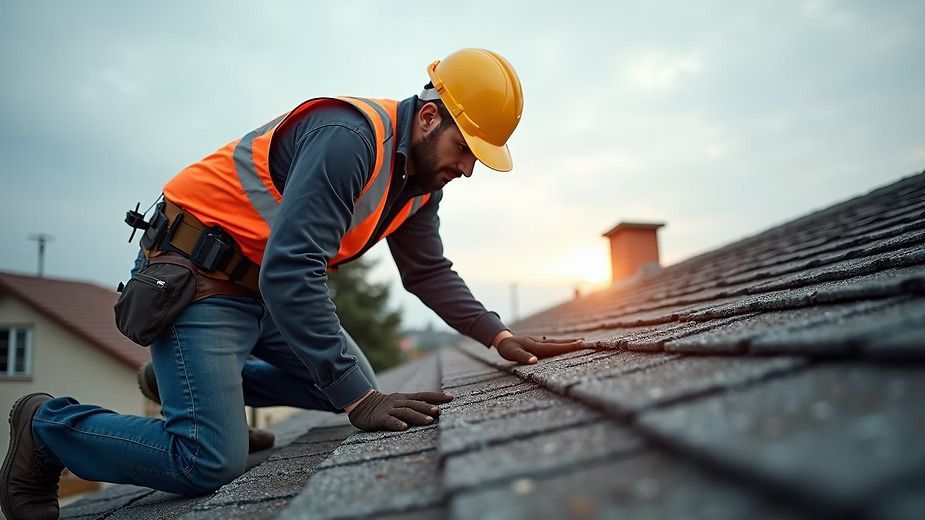 Worker in orange safety vest and hard hat kneeling on a rooftop, inspecting shingles at sunset.