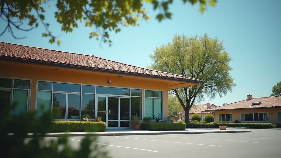 Sunny exterior of a low office building with large windows, red-tile roof, and trees in a parking lot