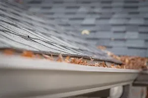 Corner of a brick house with a gray metal roof and rain gutter against a blue sky