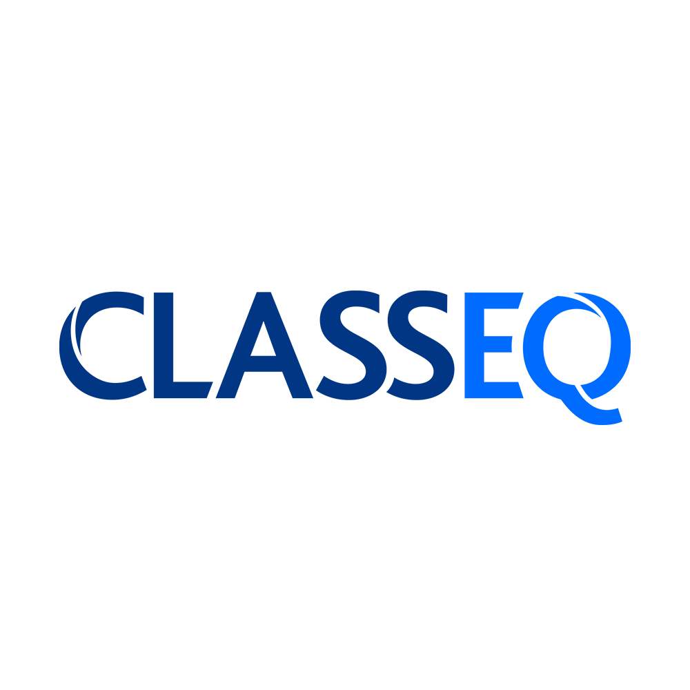 the classeq logo is blue and white on a white background .