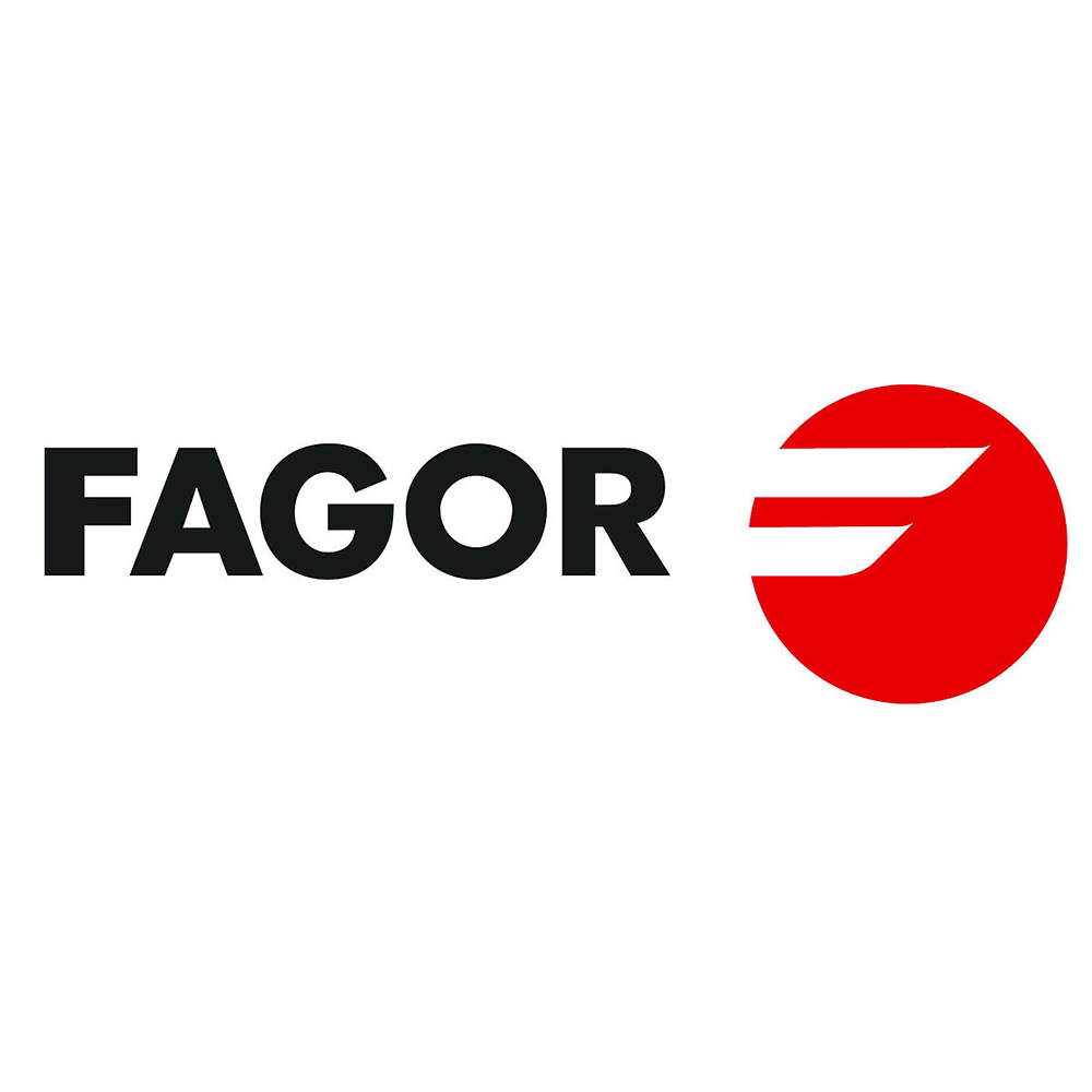 the logo for fagor is black and red with a red circle in the middle .