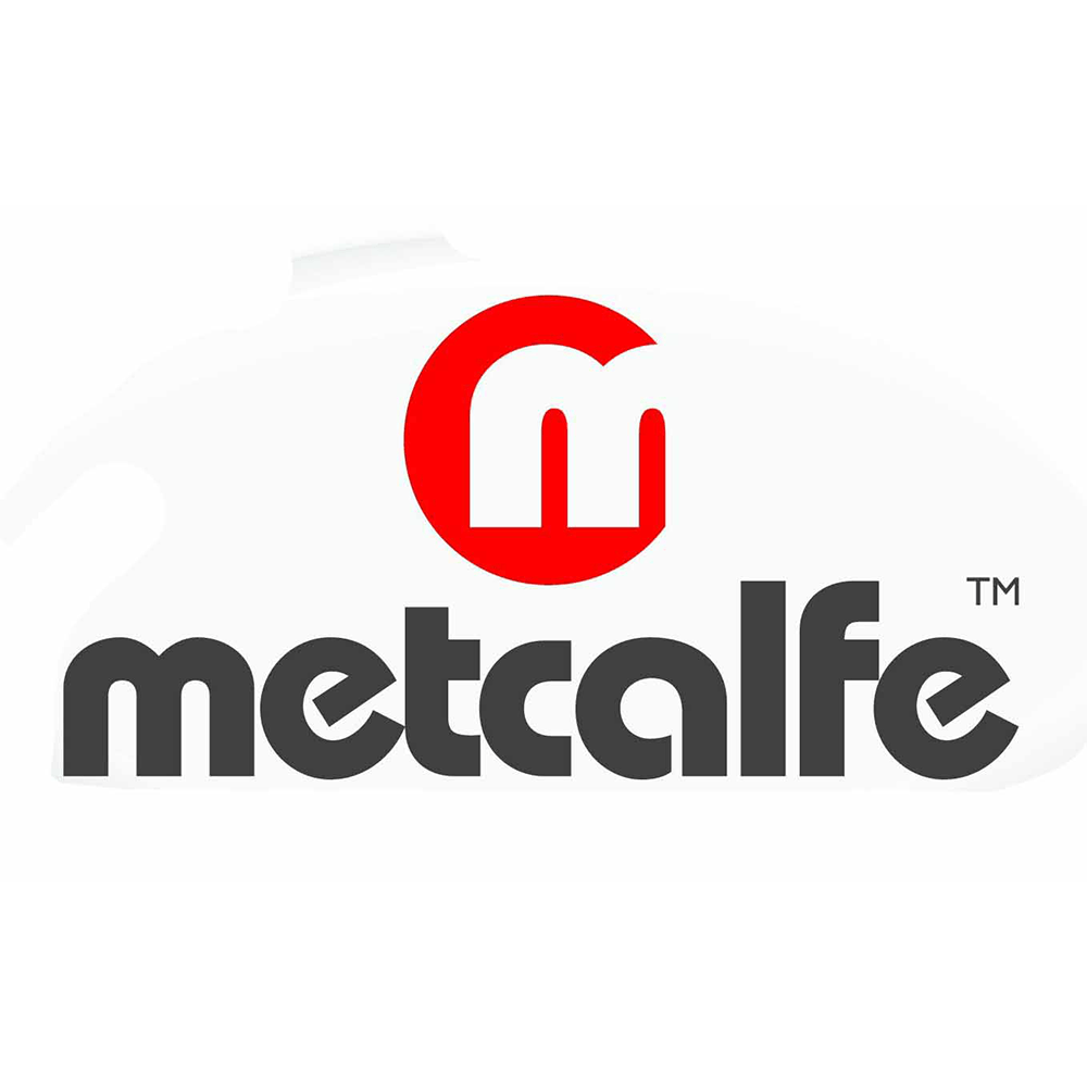 a metcalfe logo with a red m on a white background .