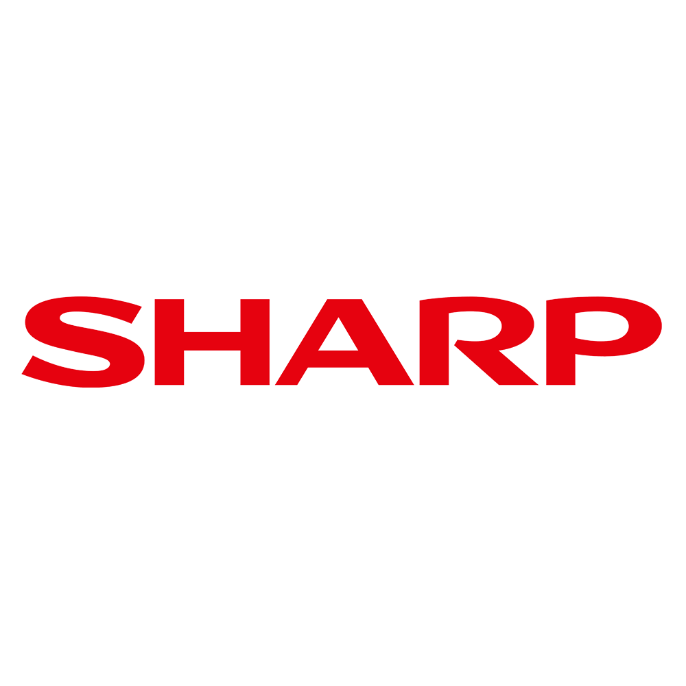 the sharp logo is red on a white background