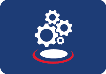 a blue background with white gears and a red circle .