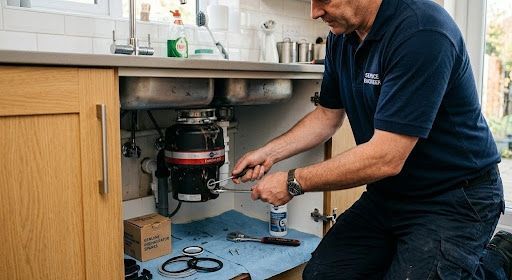 Plumber repairing sink pipes under a kitchen cabinet with tools on the floor