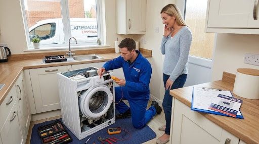 A technician repairs a washing machine in a kitchen while speaking with a standing customer.