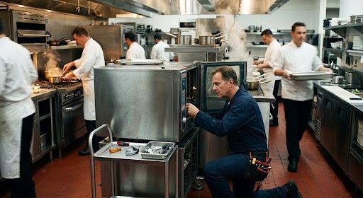 Chefs working in a busy stainless-steel commercial kitchen, one kneeling to inspect a machine